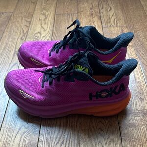Hoka Clifton 9 Women's Vibrant Pink and Orange Athletic Shoes